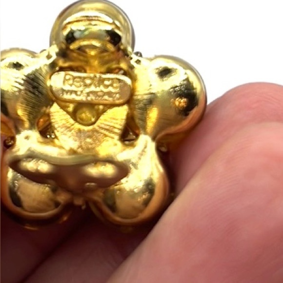 Lucite Brown Floral and Gold Spherical with Rhinestones Vintage Clip on Earrings - Picture 5 of 11